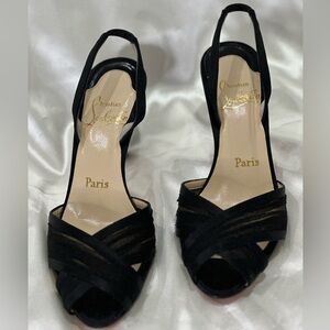 Christian Louboutin Black Peep Toe Sling Back Heels Chiffon Satin Cross Over 36